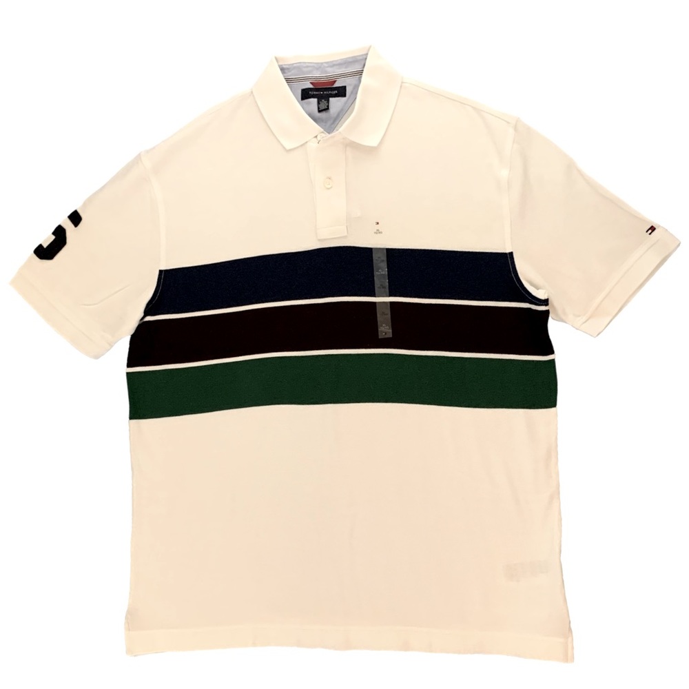 NWT Tommy Hilfiger White Polo Shirt w/ Navy, Brown, & Green Stripe Men’s XL
